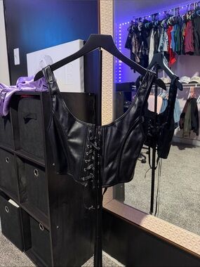 Black Faux Leather Lace-Up Corset Top